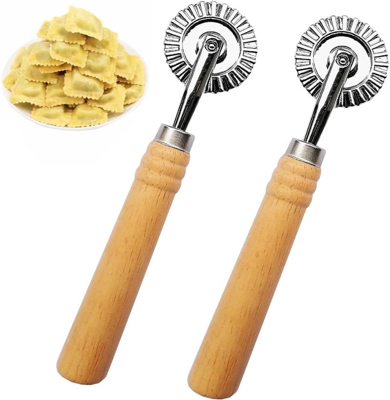 MTOMDY 2 PCS Ravioli Cutter Stamps with Roller Wheel Round Mold with Wooden Handle and Fluted Edge Pasta Press Pasta Cutter for Home and Kitchen Use- 1.6" Diameter - Image 1